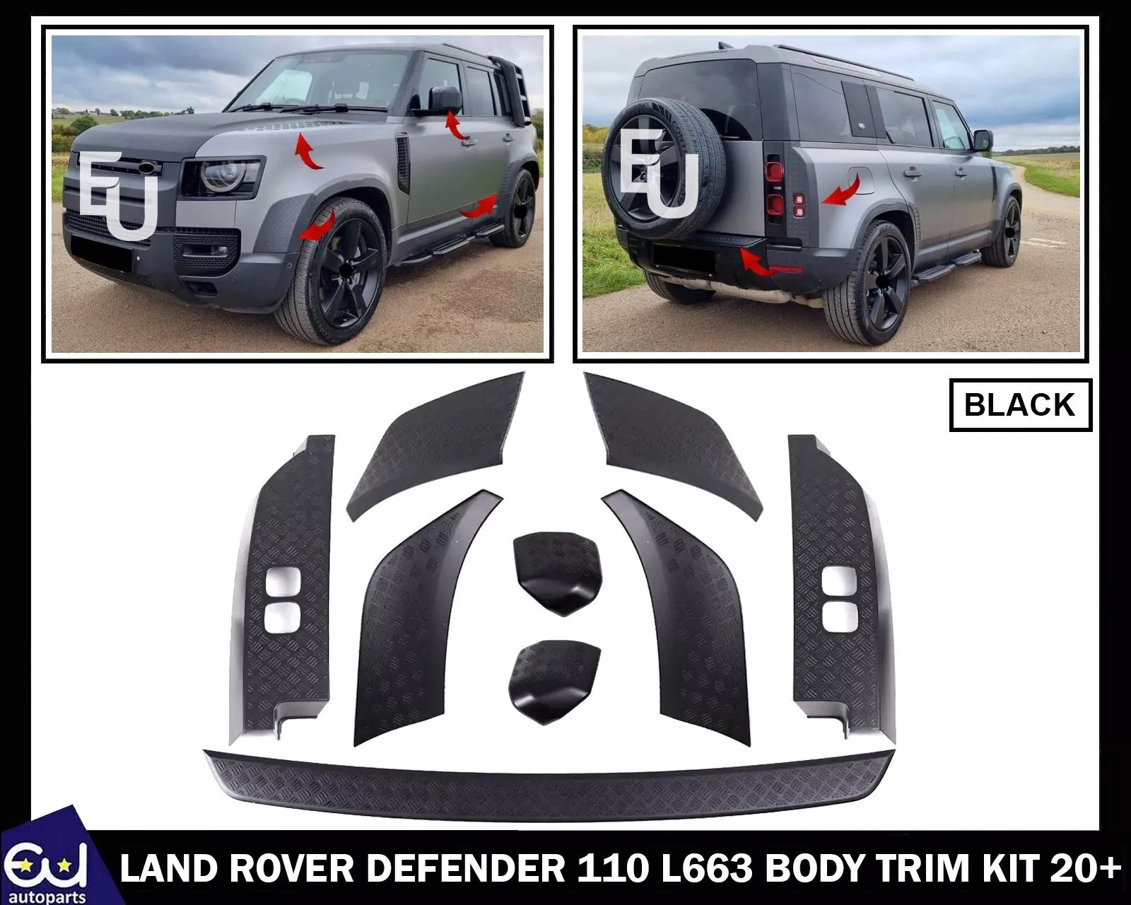 9 PIECE CHEQUER PLATE BLACK BODY TRIM KIT FOR LAND ROVER DEFENDER 90 L663 2020+